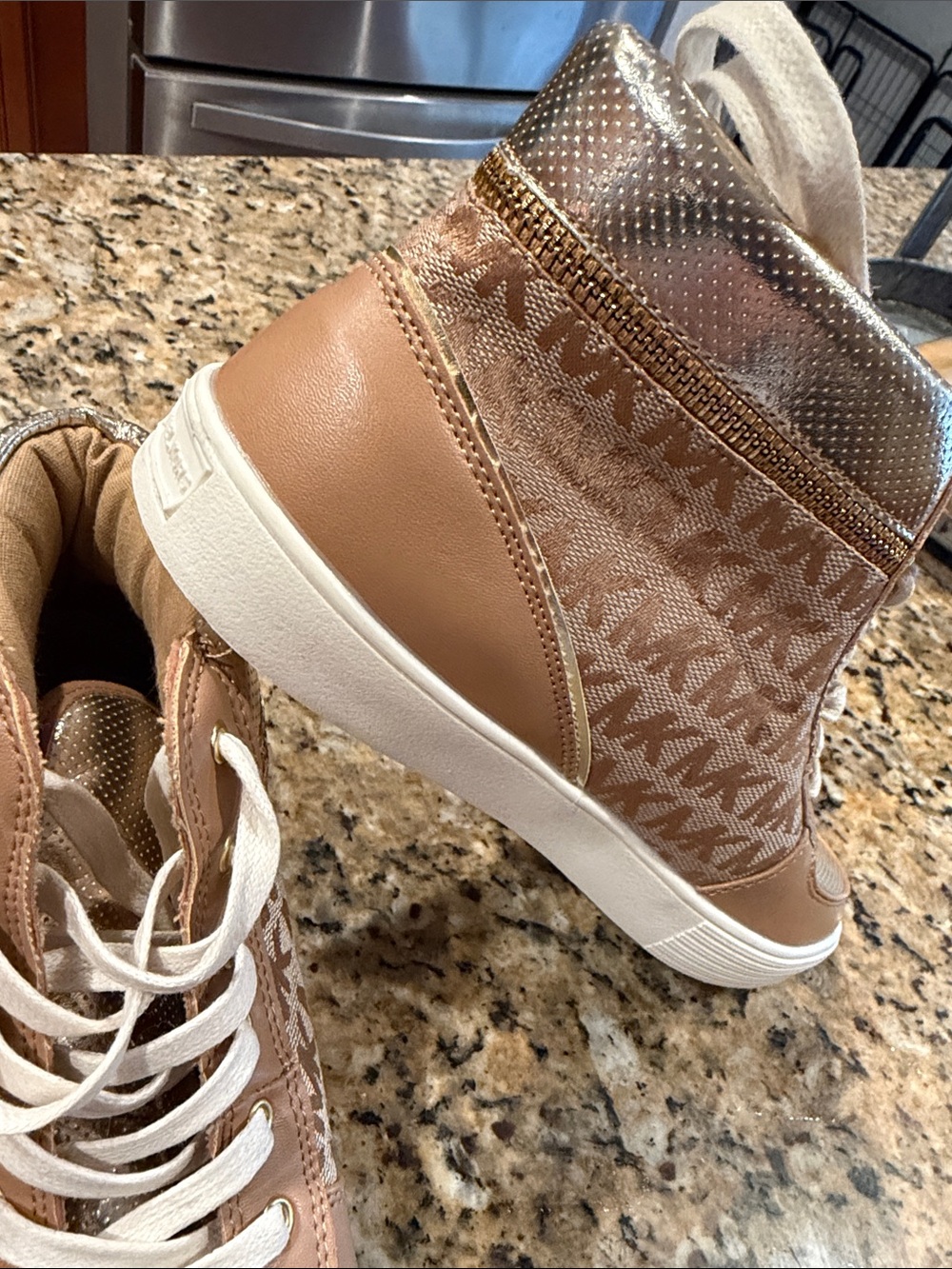 Michael Kors Taupe and Metallic High-Top Sneakers MK logo 5 NEW NWT - Picture 2 of 7